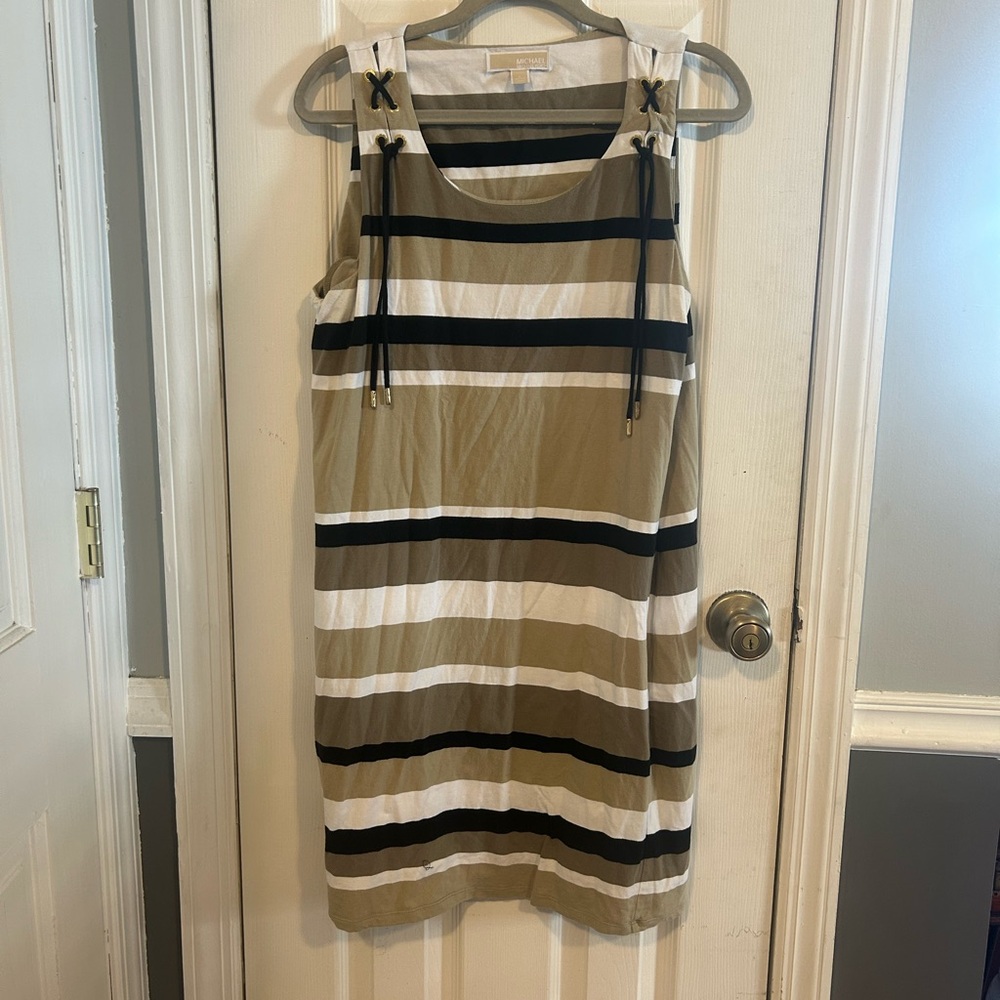 Michael Kors Olive, Black & White Striped Midi Dress